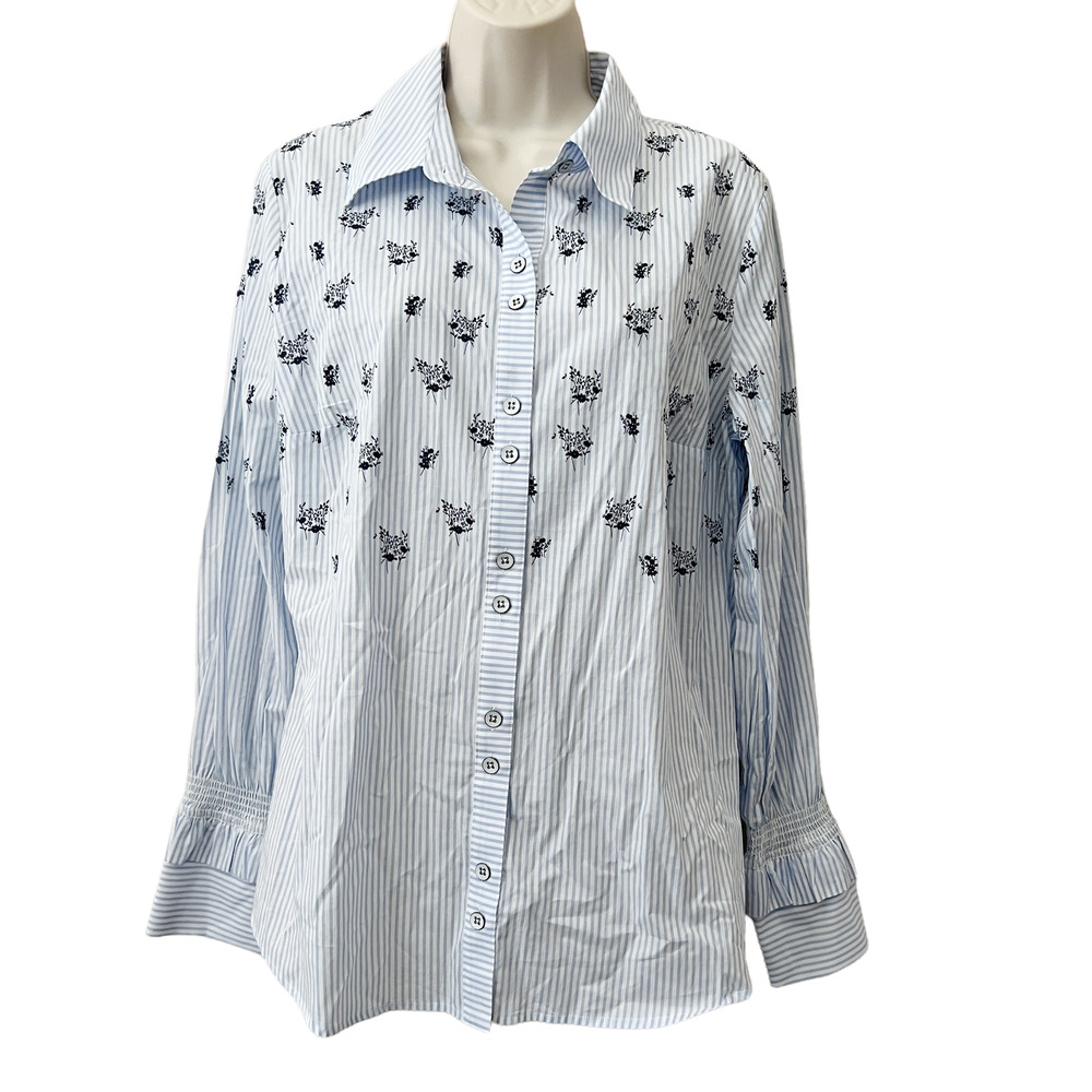 CAbi Top Womens Size M Blue White Stripes Button Down Floral Long Sleeve Collar